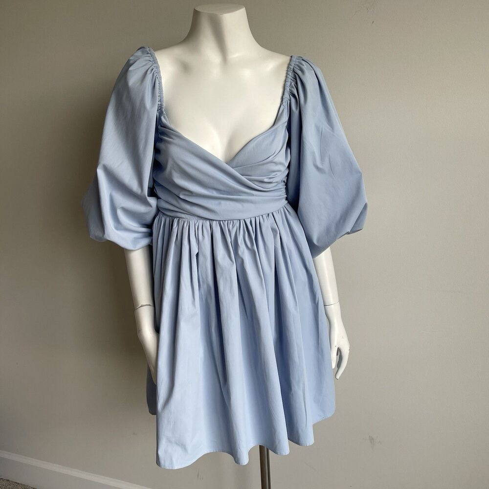 Fore Light Blue Poplin Puff Sleeve Mini‎ Dress Smocked Ruched Front Size Medium
